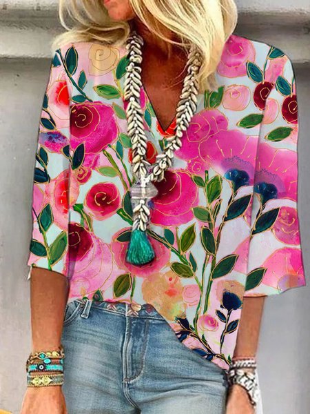 

V Neck Half Sleeve Floral Regular Loose Blouse For Women, Red, Blouses