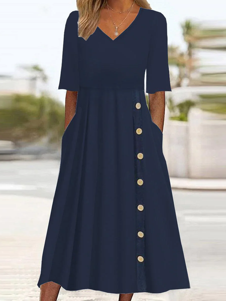 

Women Plain V Neck Half Sleeve Comfy Casual Buckle Midi Dress, Purplish blue, Dresses