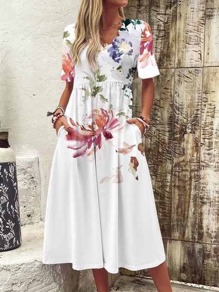 

Women Floral Scoop Neck Short Sleeve Comfy Casual Buckle Maxi Dress, Multicolor, Dresses