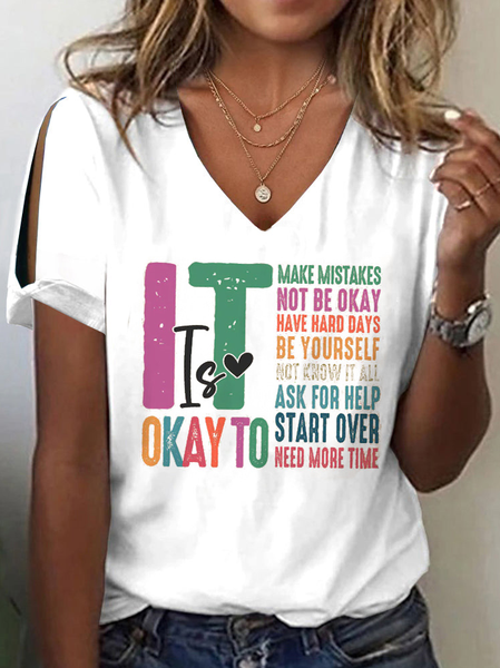 

Casual Text Letters V Neck Short Sleeve T-shirt, White, T-shirts