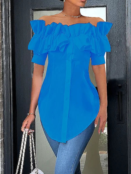 

Elegant Off Shoulder Ruffle Short Sleeve Button-Down Blouse, Sky blue, Blouses and Shirts