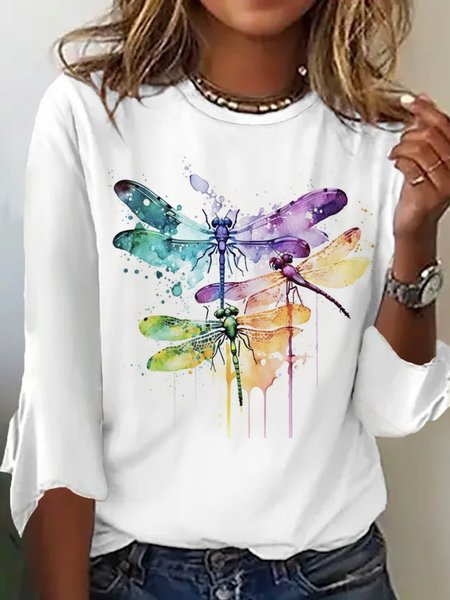 Casual Butterfly Crew Neck Half Sleeve T-shirt, White, T-shirts