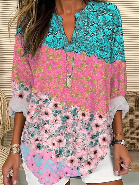 

Notched Long Sleeve Floral Regular Loose Blouse For Women, Multicolor, Blouses