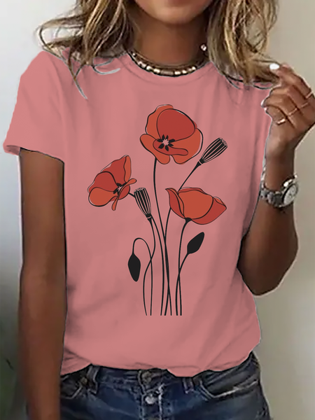 Floral Casual Crew Neck T-Shirt, Orange pink, T-shirts