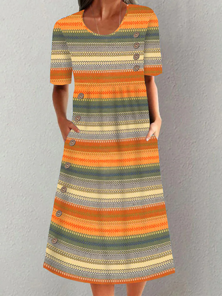 

Women Striped Crew Neck Short Sleeve Comfy Casual Buckle Midi Dress, Multicolor, Dresses