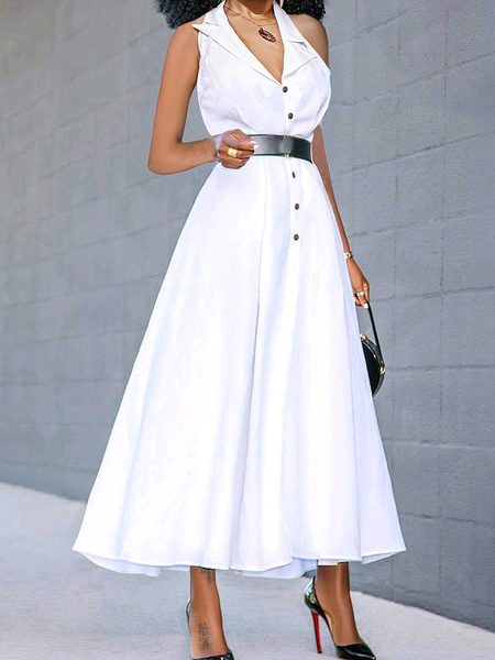 

Lapel Collar Plain Elegant Regular Fit Sleeveless Maxi Dress With No Belt, White, Maxi Dresses