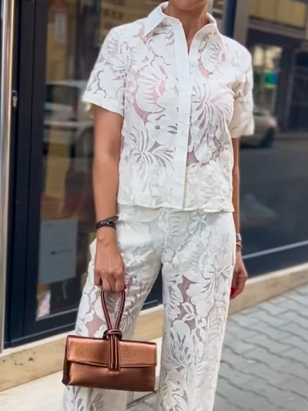 

Elegant Loose Shirt Collar Short Sleeve Shirt, White, Blouses and Shirts