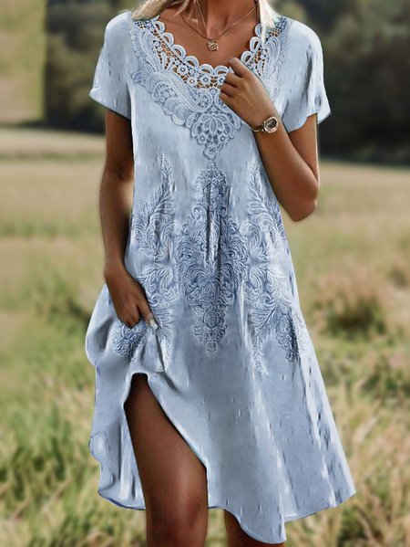 

Women's Short Sleeve Summer Floral Lace Shirt Collar Daily Going Out Casual Midi A-Line Light Blue, Dresses