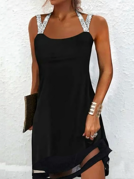 

Women Plain Spaghetti Sleeveless Comfy Casual Mini Dress, Black, Short