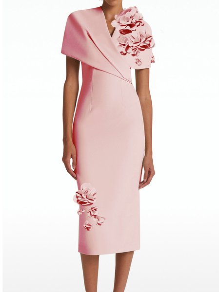 

Women's Short Sleeve Summer Plain Applique Dress V Neck Holiday Going Out Urban Midi H-Line, Pink, Dresses