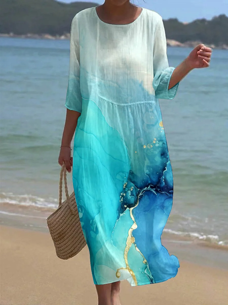 

Women Abstract Crew Neck Half Sleeve Comfy Casual Midi Dress, Blue, Dresses