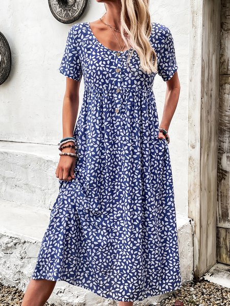 

Women Floral Half Open Collar Short Sleeve Comfy Casual Maxi Dress, Blue, Dresses