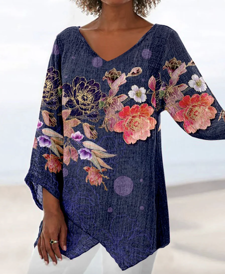 

V Neck Three Quarter Sleeve Floral Regular Loose Blouse For Women, Blue, Blouses