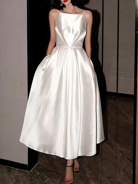 Regular Fit Spaghetti Elegant White Dress, Maxi Dresses
