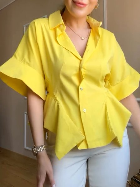 

Urban Daily Regular Fit Shirt Collar Plain Shirt, Yellow, Blouses and Shirts