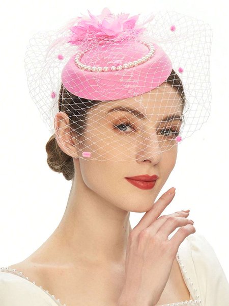 

Vintage Fascinators Faux Feather Mesh Hair Hoop Elegant Imitation Pearl Headwear, Pink, Jewelry