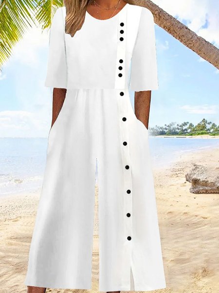 

Women Short Sleeve Crew Neck Loose Ankle Pants Buttoned Daily Casual Plain Natural Jumpsuit, White, Jumpsuits&Rompers