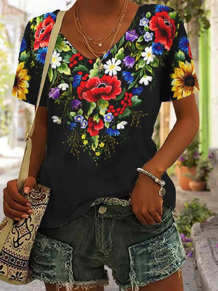 

Casual Floral V Neck Short Sleeve T-shirt, Black, T-shirts