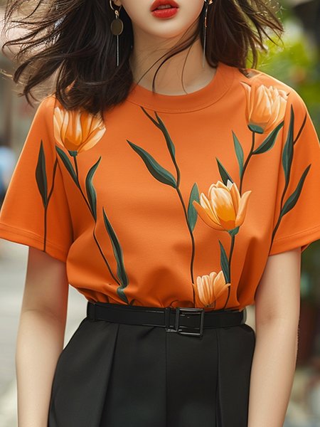 Daily Floral Casual Short Sleeve T-Shirt, Orange, Tees