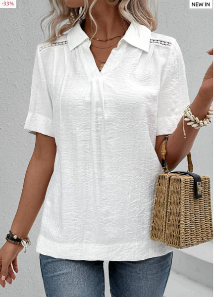 

Shawl Collar Loose Vacation Cotton Shirt, White, Blouses & Shirts