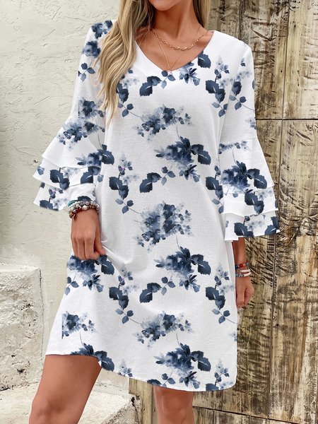 

Women Floral V Neck Three Quarter Sleeve Comfy Casual Mini Dress, Blue, Dresses