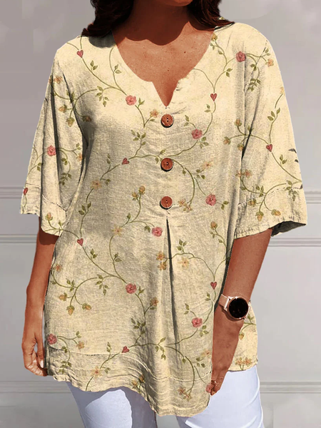 

Notched Half Sleeve Floral Regular Loose Blouse For Women, Light yellow, Blouses