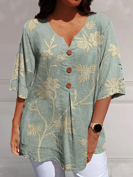 

Notched Half Sleeve Floral Regular Loose Blouse For Women, Lightgreen, Blouses