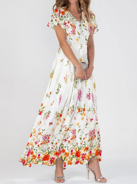 

Women's Short Sleeve Summer Floral V Neck Daily Going Out Casual Maxi X-Line White, Dresses