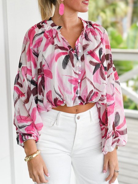 Elegant Plants Loose Stand Collar Shirt, As picture, Blouses and Shirts