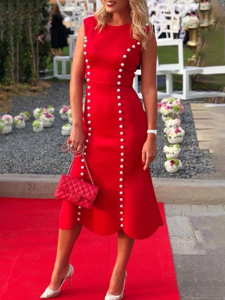 

Beaded Plain Elegant Regular Fit Dress, Red, Midi Dresses