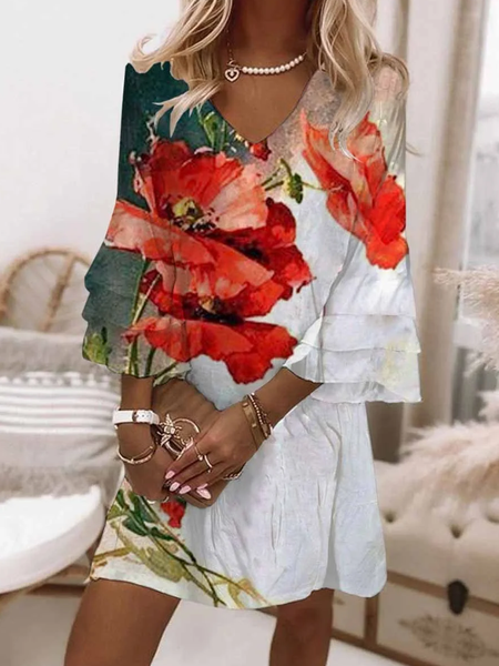 Women Floral V Neck Three Quarter Sleeve Comfy Casual Mini Dress, White, Dresses
