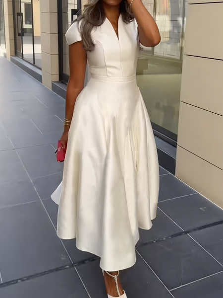 

Regular Fit Elegant Short Sleeve Plain Maxi Dress, White, Maxi Dresses