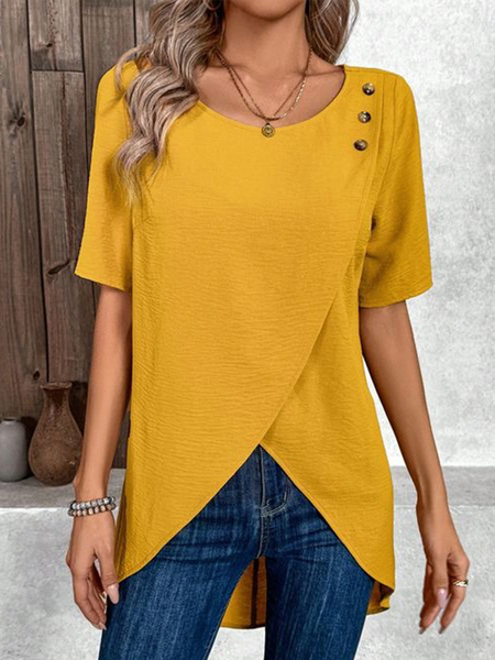 

Women's Short Sleeve Blouse Summer Yellow Plain Buckle Crew Neck Daily Going Out Casual Top, Blouses & Shirts