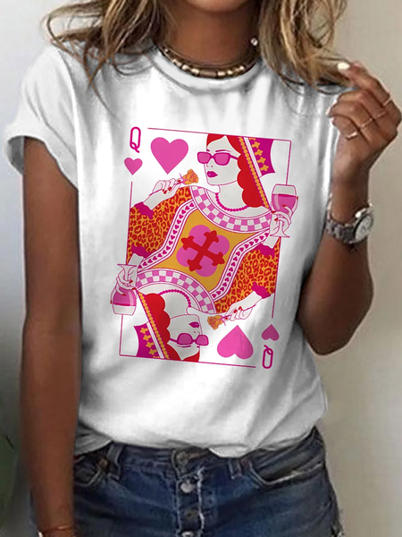 

Casual Cartoon Poker Queen Crew Neck Short Sleeve T-shirt, White, T-shirts