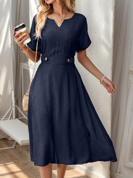

Women Plain Notched Short Sleeve Comfy Casual Knee Length Dress, Deep blue, Midi