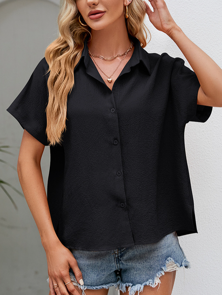 

Shirt Collar Short Sleeve Plain Buckle Regular Micro-Elasticity Loose Shirt For Women, Black, Shirts