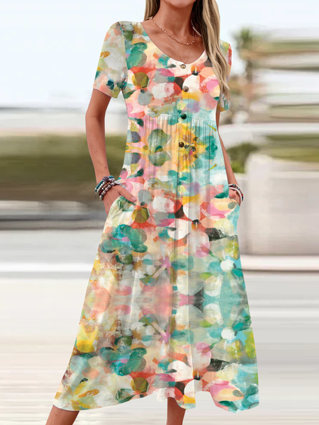 

Women Floral V Neck Short Sleeve Comfy Casual Buckle Maxi Dress, Flower, Dresses