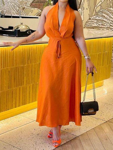 

Plain Regular Fit Halter Sleeveless Elegant Maxi Dress, Orange, Maxi Dresses