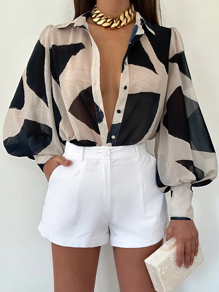 

Shirt Collar Long Sleeve Vacation Loose Geometric Shirt, As picture, Blouses and Shirts