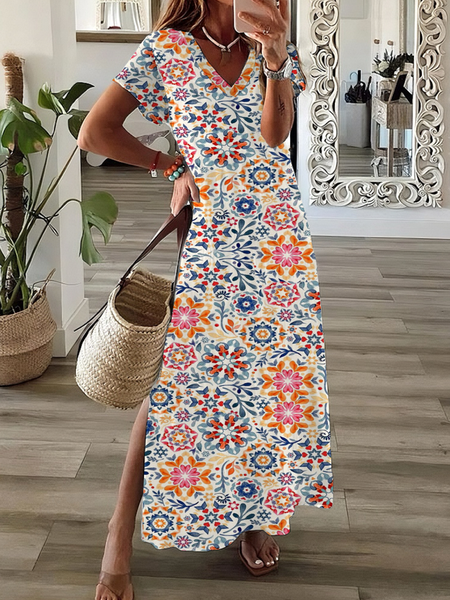 

Women Floral V Neck Short Sleeve Comfy Casual Maxi Dress, Multicolor, Dresses