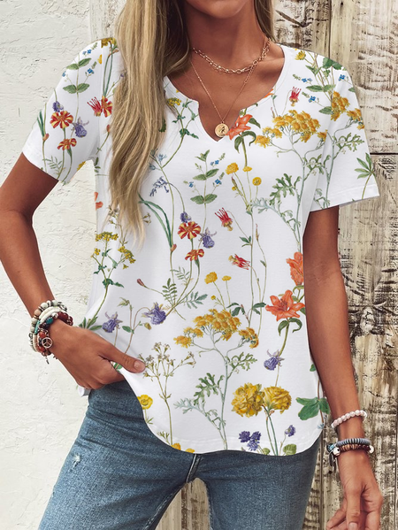 

Casual Floral Notched Short Sleeve T-shirt, White, T-shirts
