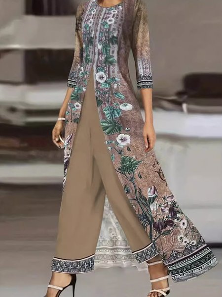 

Women Ethnic Crew Neck Three Quarter Sleeve Comfy Casual Top With Pants Two-Piece Set, Coffee, Sets