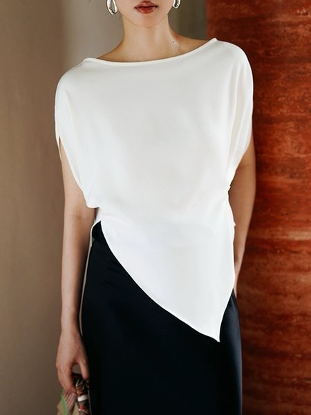 

Crew Neck Plain Urban Loose Blouse, White, Blouses and Shirts