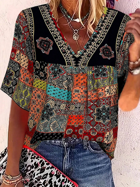 

Women's Short Sleeve Blouse Summer Ethnic V Neck Daily Going Out Casual Top Black, Blouses