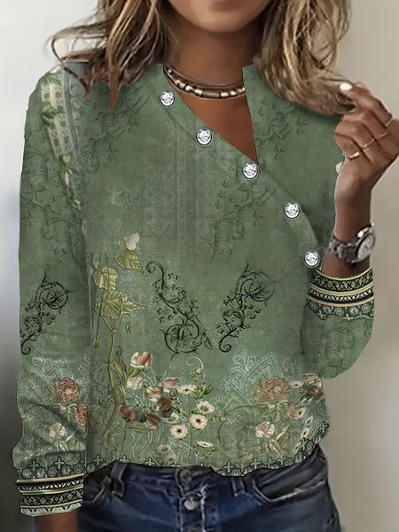 

Casual Ethnic Asymmetrical Long Sleeve T-shirt, Green, T-shirts