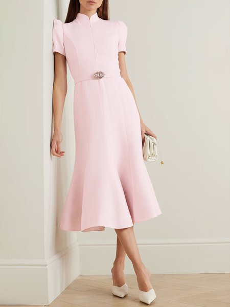 

Elegant Plain Stand Collar Dress With Belt, Light pink, Maxi Dresses