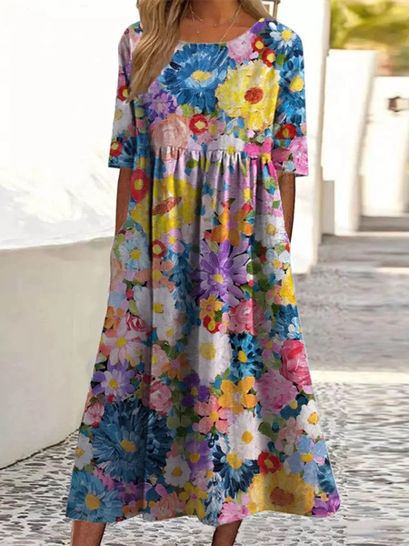 

Women Floral Crew Neck Half Sleeve Comfy Casual Midi Dress, Multicolor, Dresses