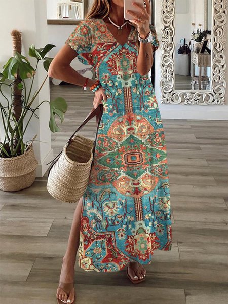 

Women Nationality/ethnic V Neck Short Sleeve Comfy Casual Maxi Dress, Multicolor, Dresses