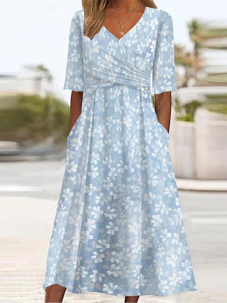 

Women Ditsy Floral Cross Neck Short Sleeve Comfy Casual Pocket Stitching Midi Dress, Blue, Midi