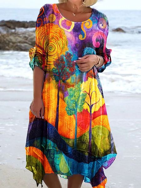 

Women Tree Crew Neck Long Sleeve Comfy Casual Midi Dress, Multicolor, Dresses
